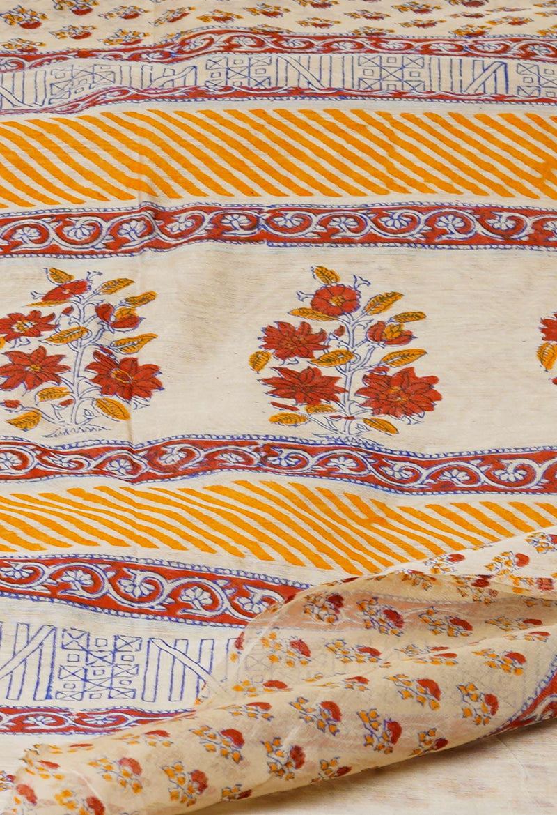 Cream Pure  Dyed Printed Chanderi Sico Saree-UNM73309
