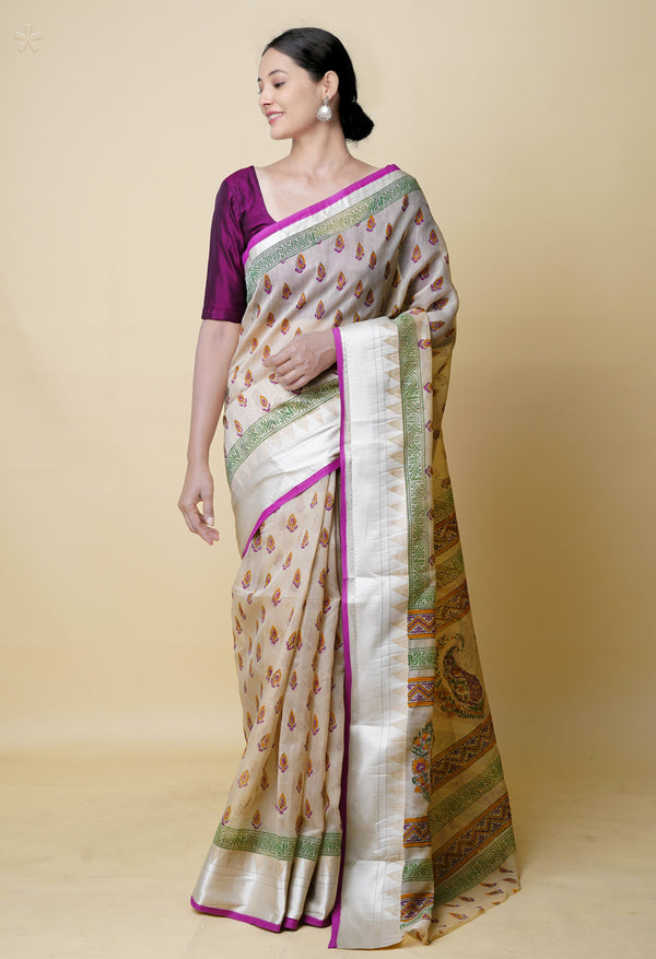 Cream Pure  Dyed Printed Chanderi Sico Saree-UNM73310