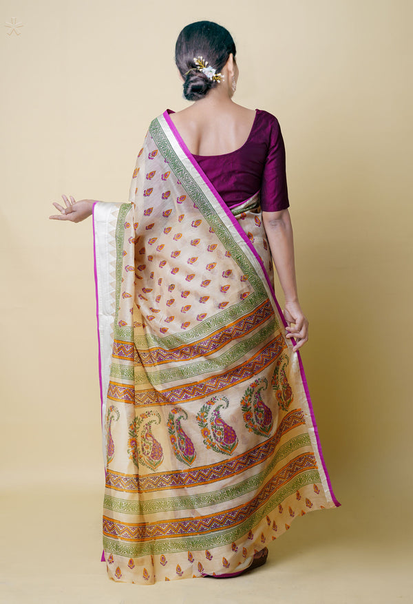 Cream Pure  Dyed Printed Chanderi Sico Saree-UNM73310