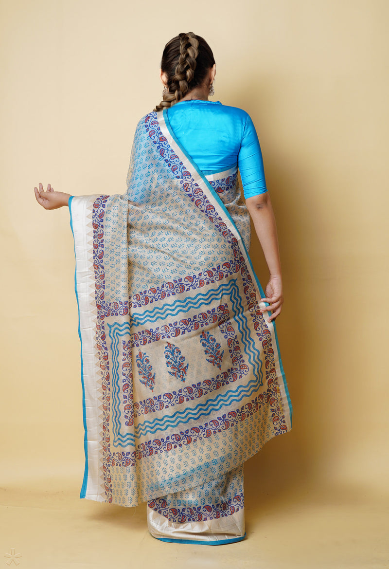 Cream Pure  Dyed Printed Chanderi Sico Saree-UNM73311