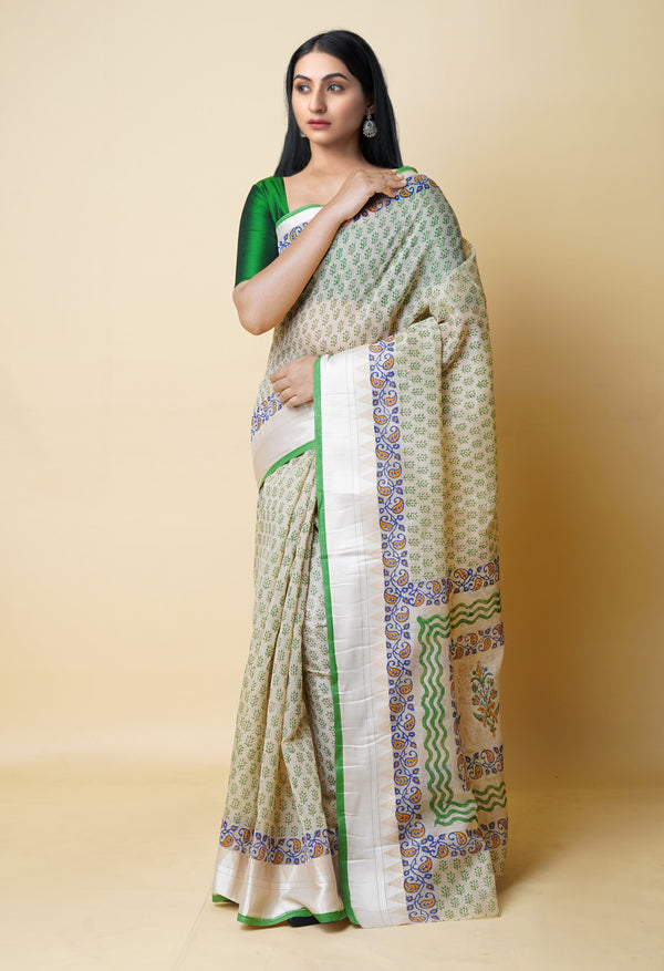 Cream Pure  Dyed Printed Chanderi Sico Saree-UNM73312