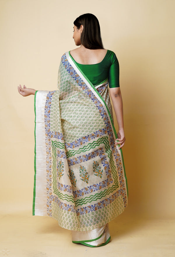 Cream Pure  Dyed Printed Chanderi Sico Saree-UNM73312