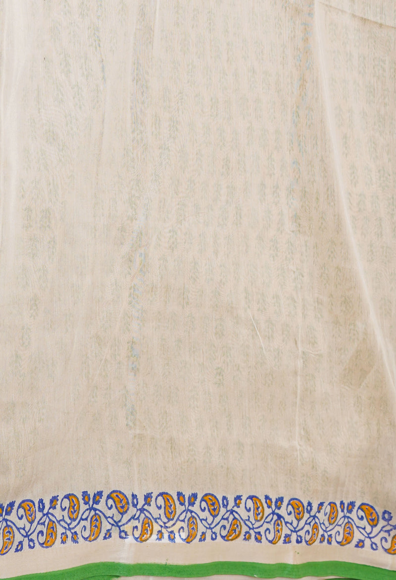 Cream Pure  Dyed Printed Chanderi Sico Saree-UNM73312
