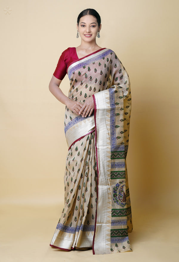 Cream Pure  Dyed Printed Chanderi Sico Saree-UNM73313