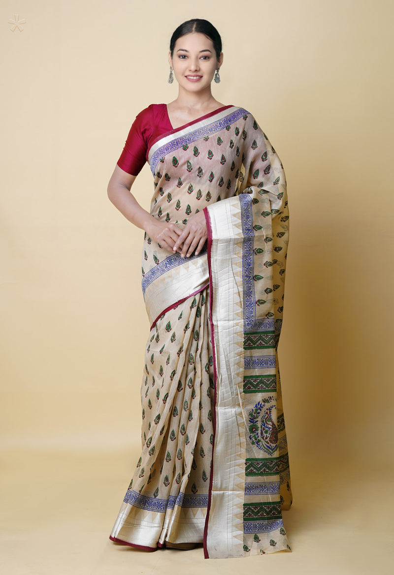 Cream Pure  Dyed Printed Chanderi Sico Saree-UNM73313