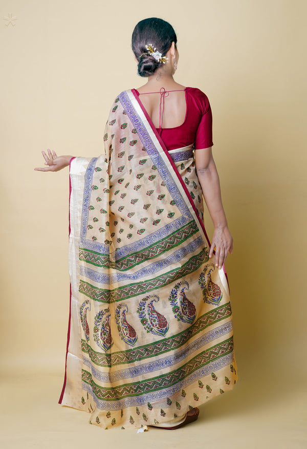Cream Pure  Dyed Printed Chanderi Sico Saree-UNM73313