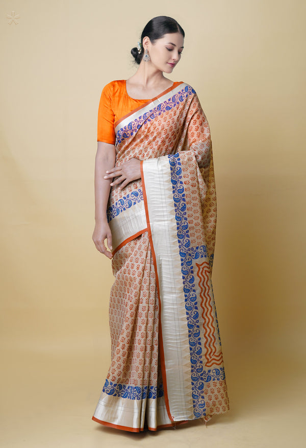 Cream Pure  Dyed Printed Chanderi Sico Saree-UNM73314