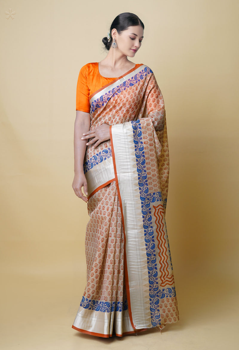 Cream Pure  Dyed Printed Chanderi Sico Saree-UNM73314