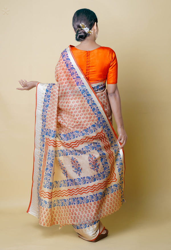 Cream Pure  Dyed Printed Chanderi Sico Saree-UNM73314