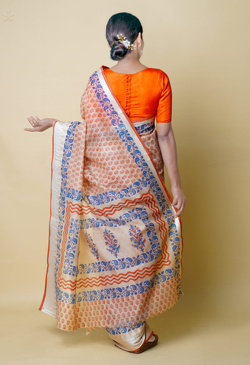 Cream Pure  Dyed Printed Chanderi Sico Saree-UNM73314