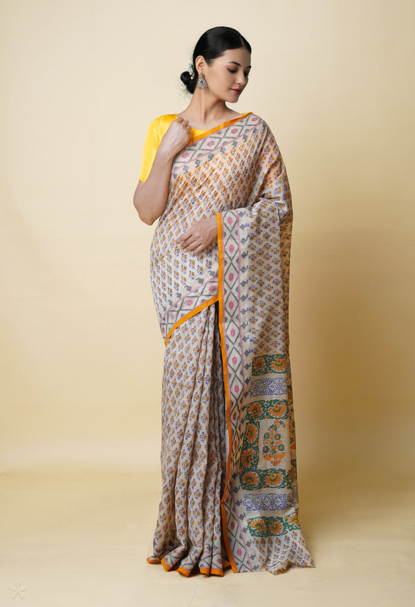 Cream Pure  Dyed Printed Chanderi Sico Saree-UNM73315