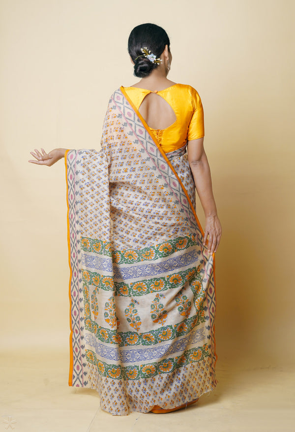 Cream Pure  Dyed Printed Chanderi Sico Saree-UNM73315