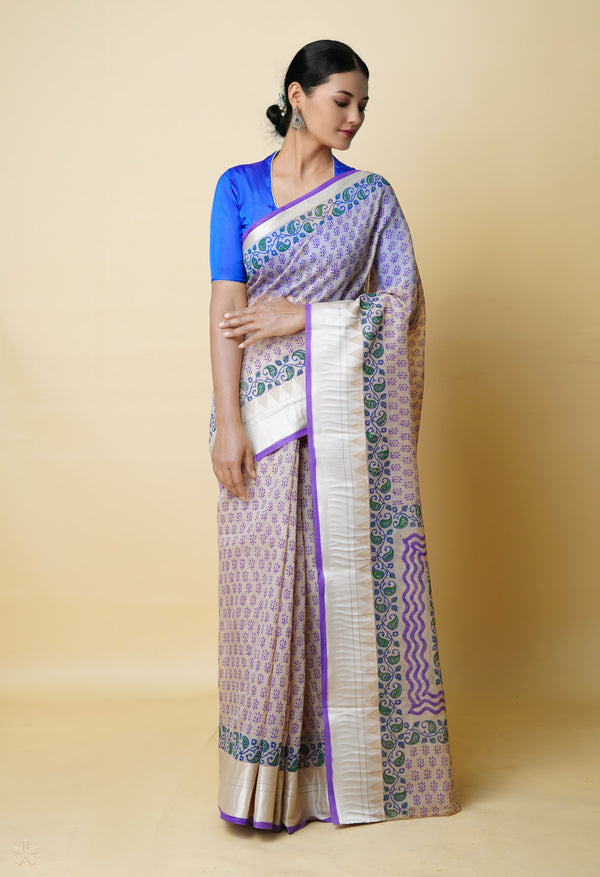Cream Pure  Dyed Printed Chanderi Sico Saree-UNM73316