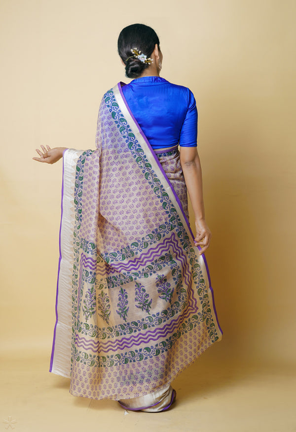 Cream Pure  Dyed Printed Chanderi Sico Saree-UNM73316