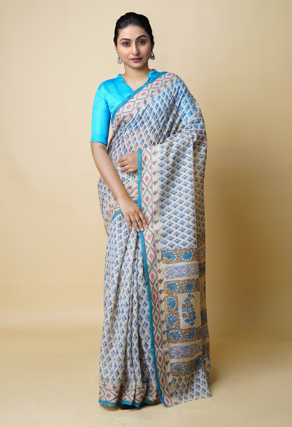 Cream Pure  Dyed Printed Chanderi Sico Saree-UNM73317