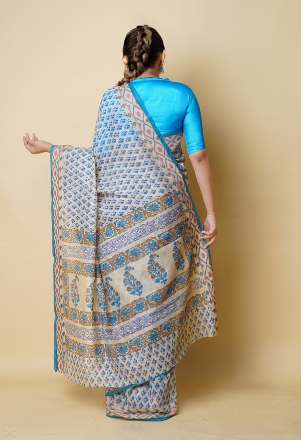 Cream Pure  Dyed Printed Chanderi Sico Saree-UNM73317