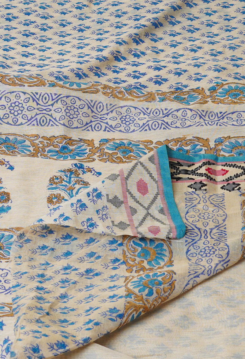Cream Pure  Dyed Printed Chanderi Sico Saree-UNM73317