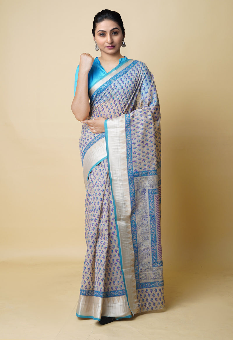 Cream Pure  Dyed Printed Chanderi Sico Saree-UNM73319