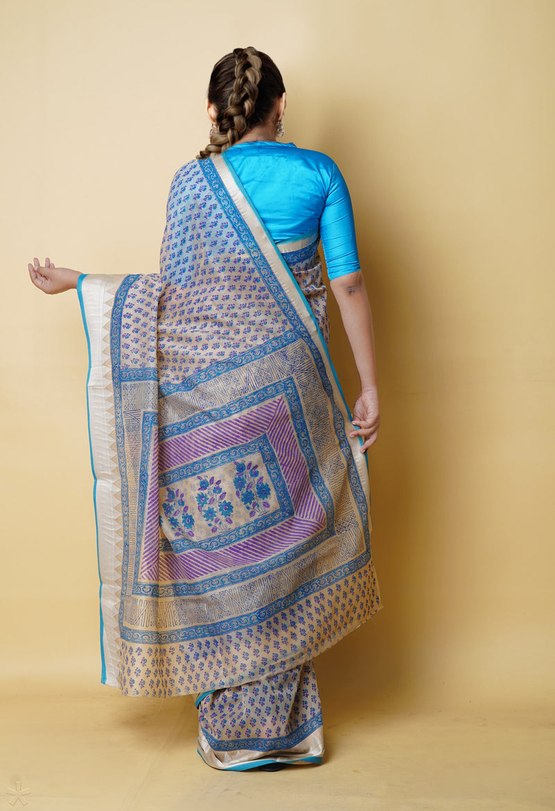 Cream Pure  Dyed Printed Chanderi Sico Saree-UNM73319
