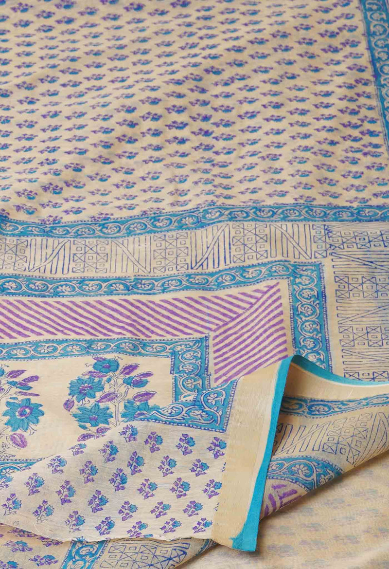 Cream Pure  Dyed Printed Chanderi Sico Saree-UNM73319