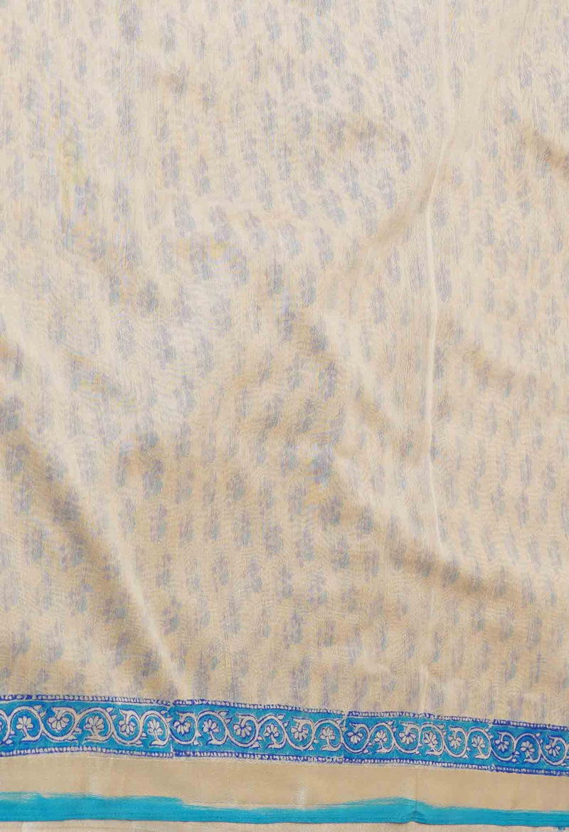 Cream Pure  Dyed Printed Chanderi Sico Saree-UNM73319