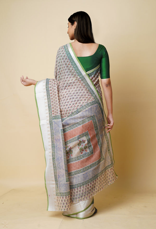 Cream Pure  Dyed Printed Chanderi Sico Saree-UNM73320
