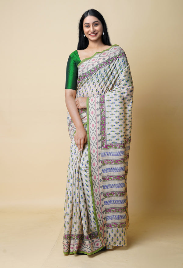 Cream Pure  Dyed Printed Chanderi Sico Saree-UNM73321
