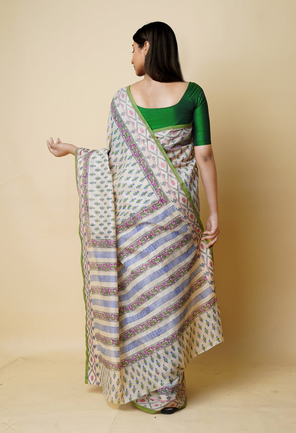 Cream Pure  Dyed Printed Chanderi Sico Saree-UNM73321