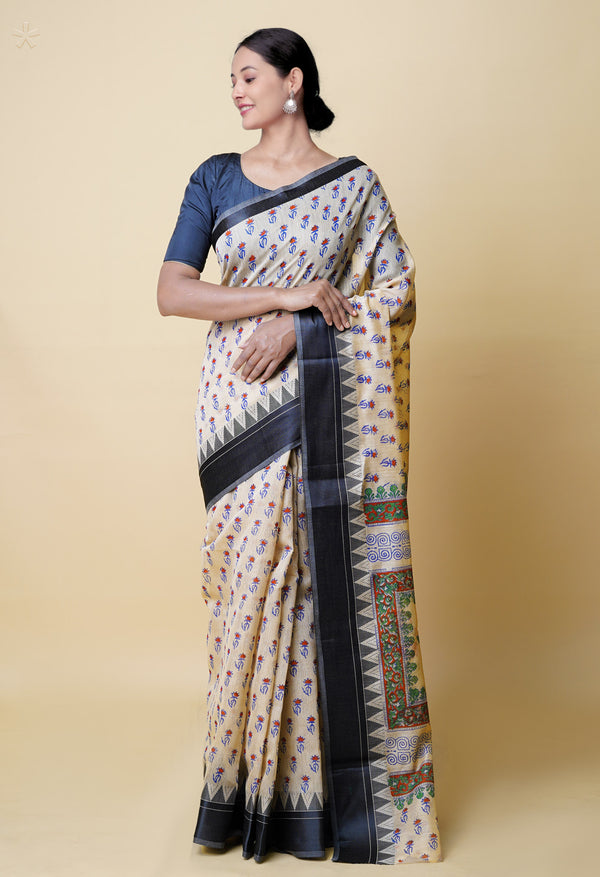 Cream Pure  Dyed Printed Chanderi Sico Saree-UNM73323