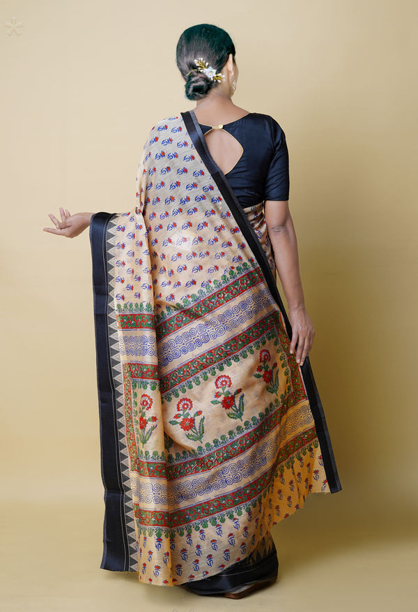 Cream Pure  Dyed Printed Chanderi Sico Saree-UNM73323