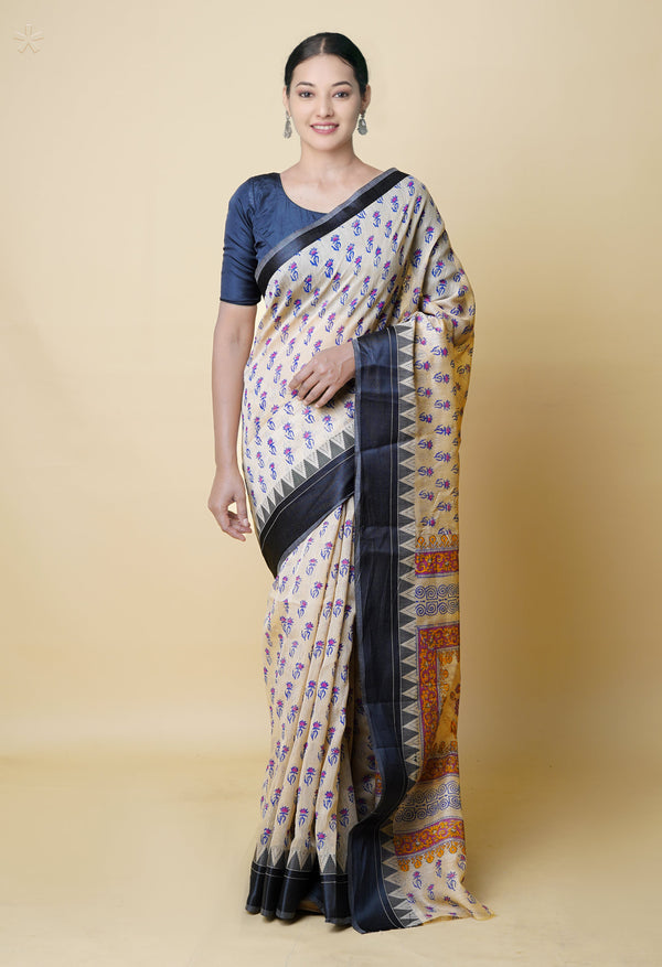 Cream Pure  Dyed Printed Chanderi Sico Saree-UNM73325