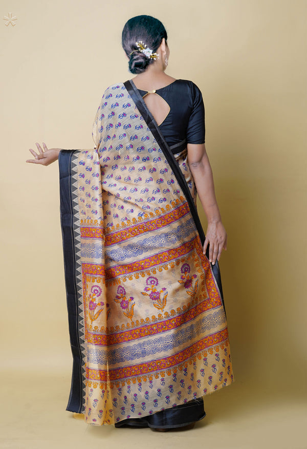 Cream Pure  Dyed Printed Chanderi Sico Saree-UNM73325