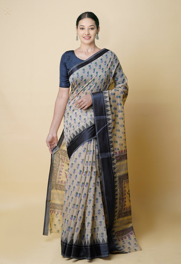 Cream Pure  Dyed Printed Chanderi Sico Saree-UNM73326