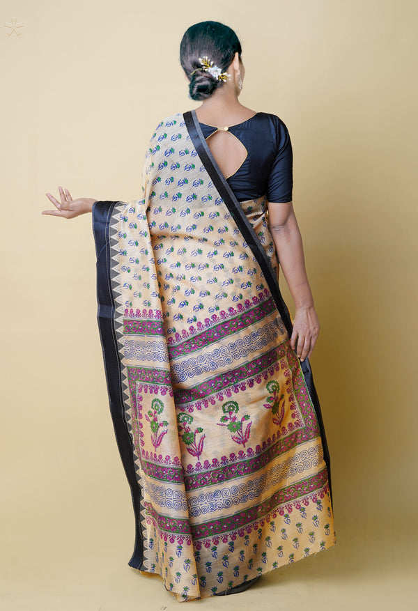 Cream Pure  Dyed Printed Chanderi Sico Saree-UNM73326