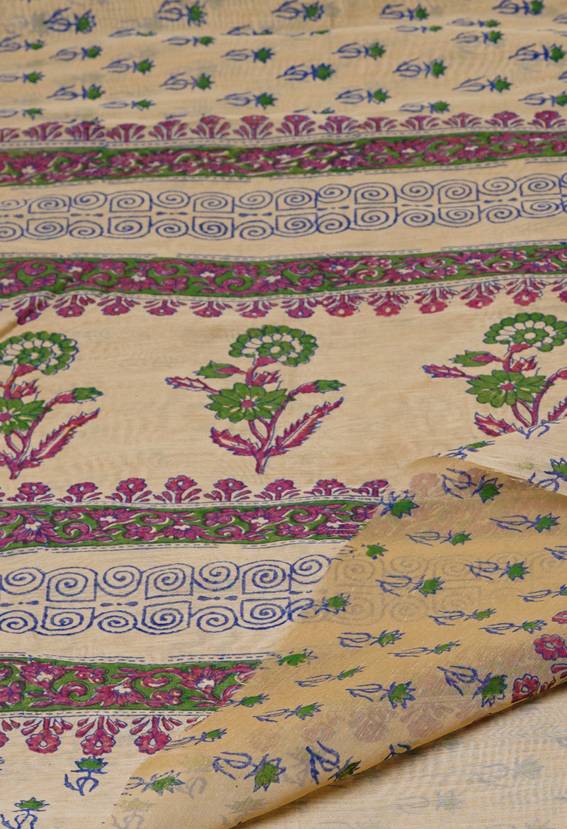 Cream Pure  Dyed Printed Chanderi Sico Saree-UNM73326
