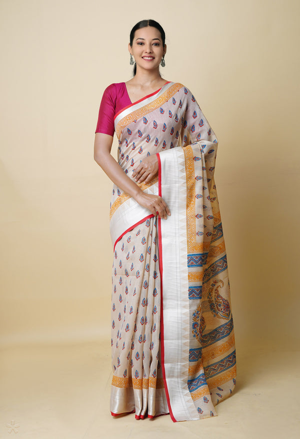 Cream Pure  Dyed Printed Chanderi Sico Saree-UNM73327