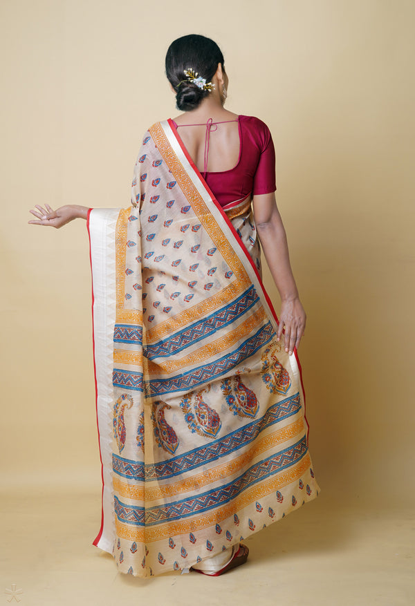 Cream Pure  Dyed Printed Chanderi Sico Saree-UNM73327