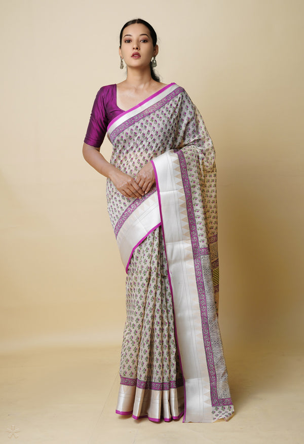 Cream Pure  Dyed Printed Chanderi Sico Saree-UNM73328