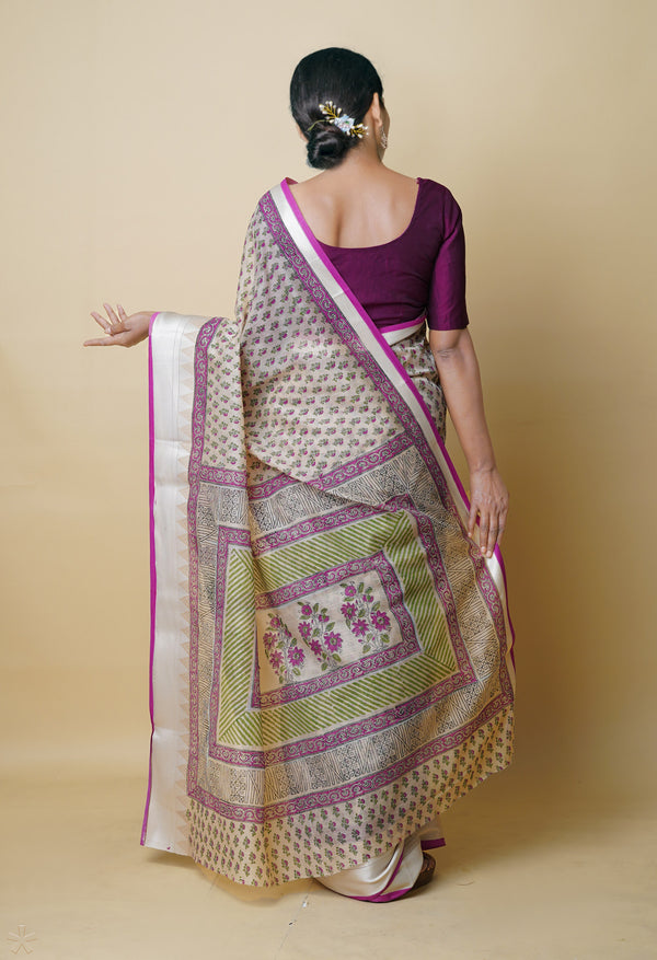 Cream Pure  Dyed Printed Chanderi Sico Saree-UNM73328