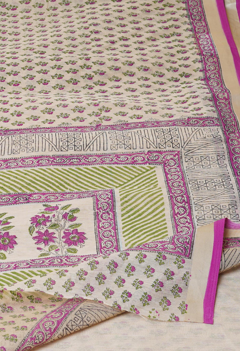 Cream Pure  Dyed Printed Chanderi Sico Saree-UNM73328