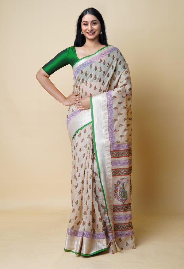 Cream Pure  Dyed Printed Chanderi Sico Saree-UNM73329