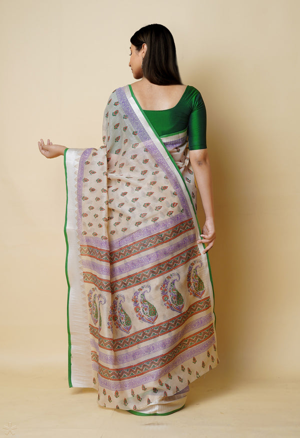 Cream Pure  Dyed Printed Chanderi Sico Saree-UNM73329