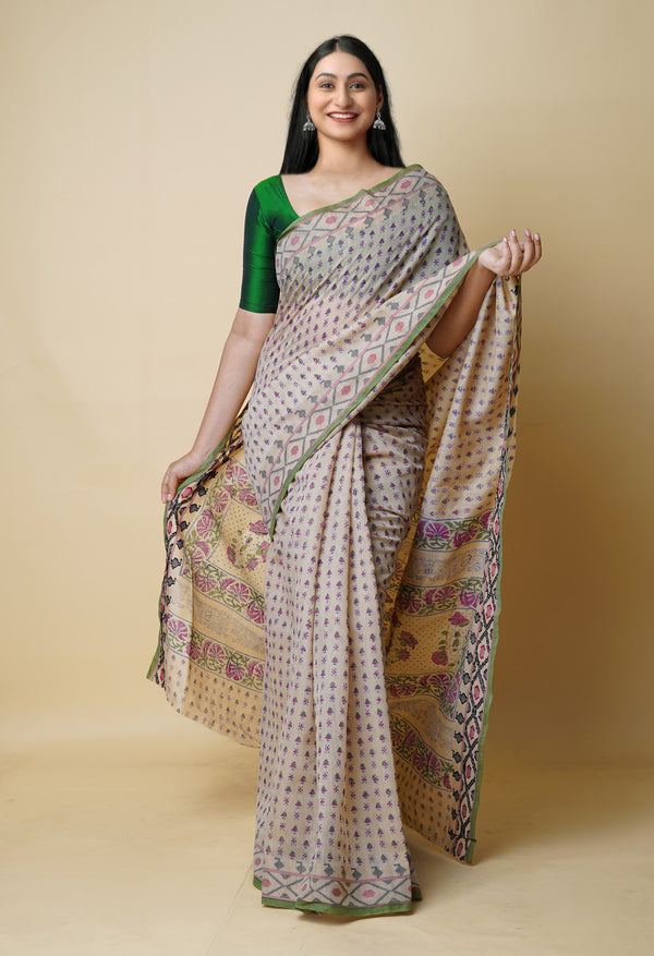 Cream Pure  Dyed Printed Chanderi Sico Saree-UNM73330