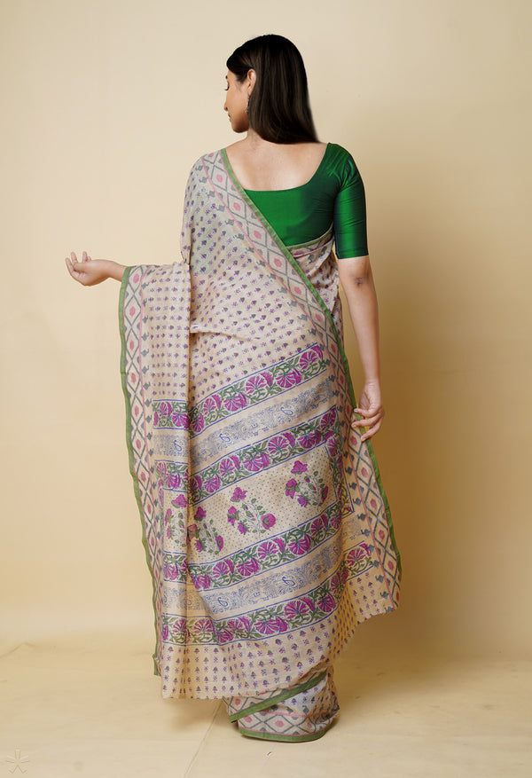 Cream Pure  Dyed Printed Chanderi Sico Saree-UNM73330