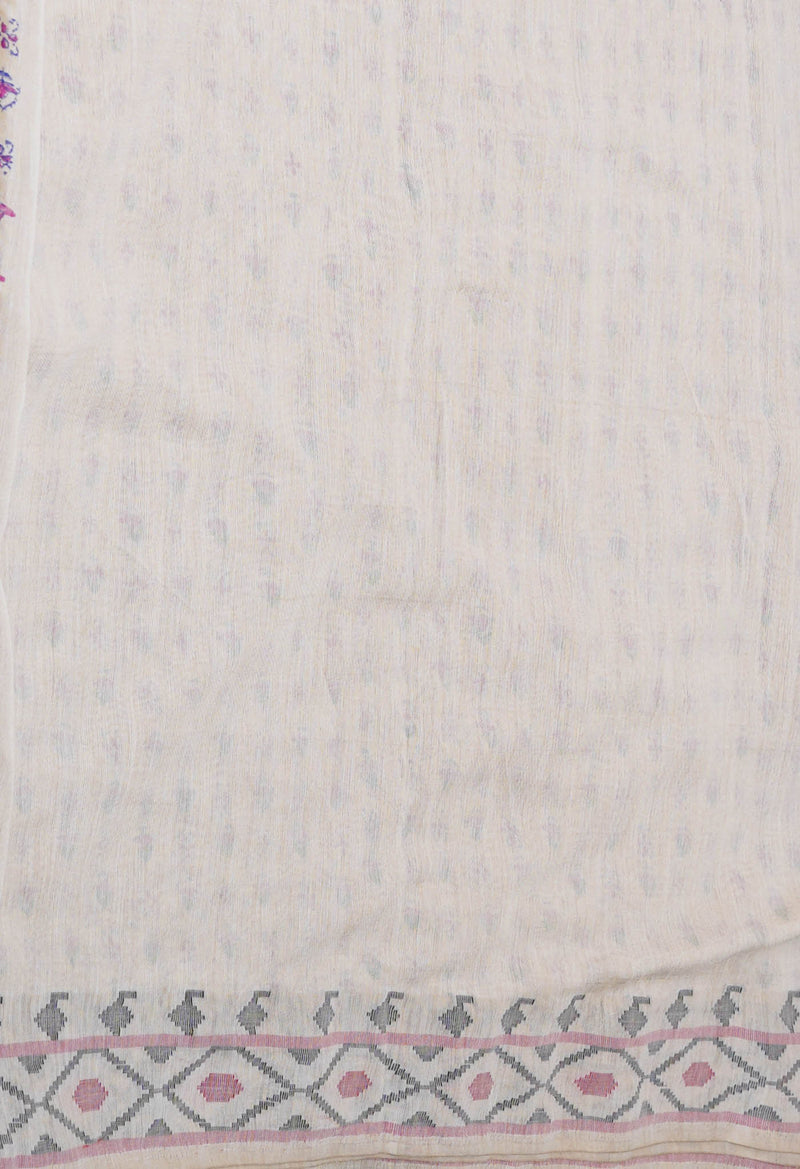 Cream Pure  Dyed Printed Chanderi Sico Saree-UNM73330