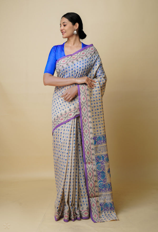 Cream Pure  Dyed Printed Chanderi Sico Saree-UNM73332