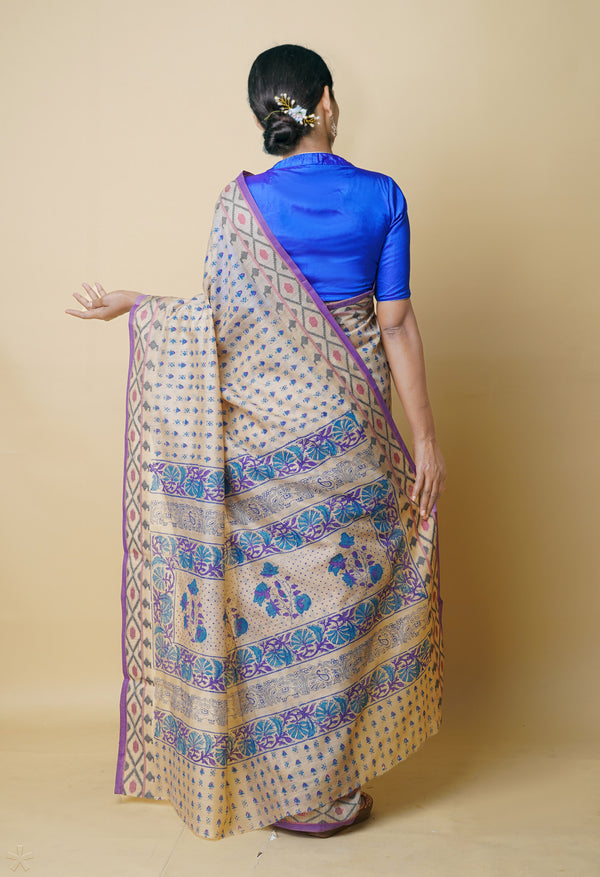 Cream Pure  Dyed Printed Chanderi Sico Saree-UNM73332