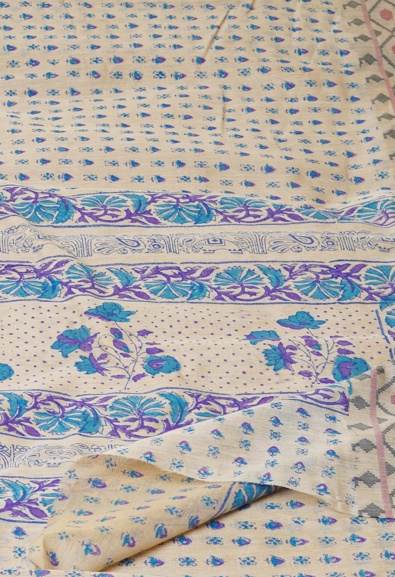 Cream Pure  Dyed Printed Chanderi Sico Saree-UNM73332