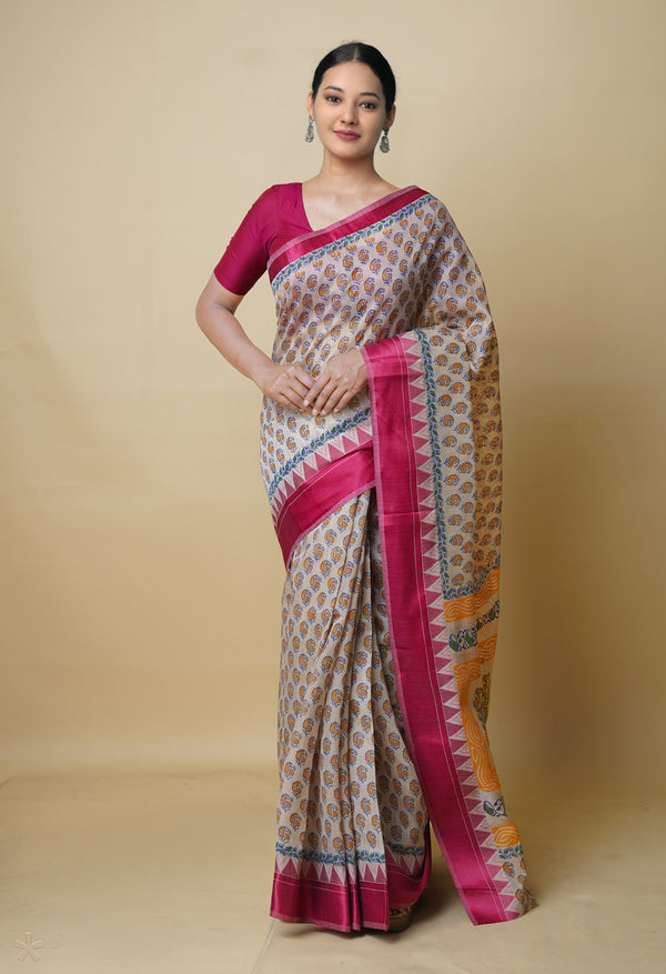 Cream Pure  Dyed Printed Chanderi Sico Saree-UNM73333