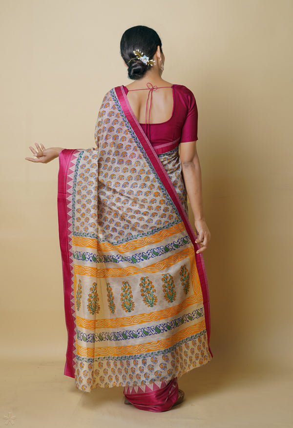 Cream Pure  Dyed Printed Chanderi Sico Saree-UNM73333